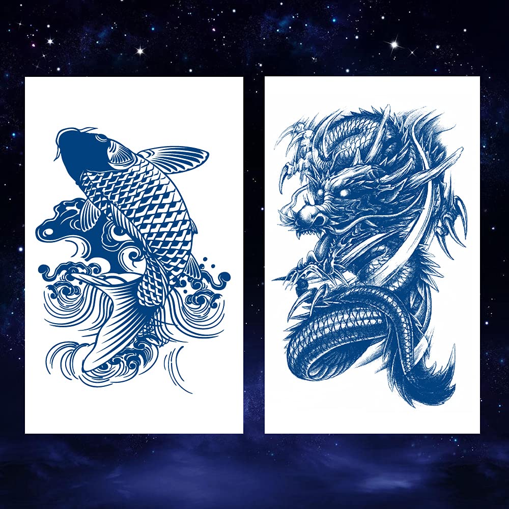 6 Sheets Semi Permanent Fake Waterproof Temporary Tattoos Stickers Long Lasts 1-2 Weeks, Animal Set Peacock Lion Koi Carp Tiger Owl Dragon Deep Blue