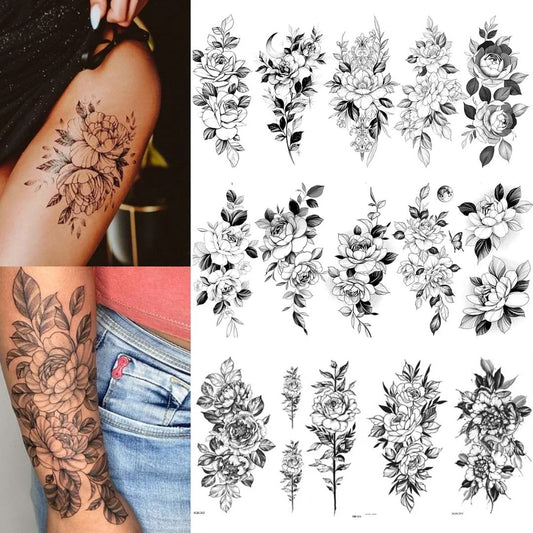 10 Sheets 3D Black Rose Peony Temporary Tattoo