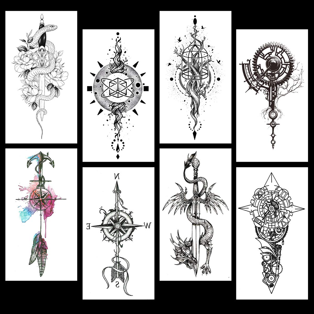 8 Sheets Black Arrow Compass Feather Dragon Anchor Sword Snake Tree Flower Temporary Tattoos for Arm