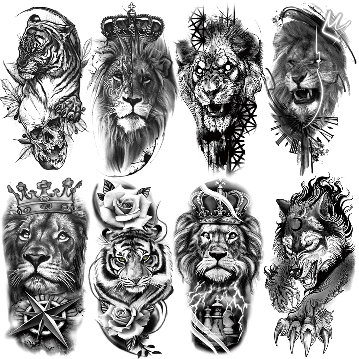 8 Sheets Waterproof Arm Leg Fake Temporary Tattoo - Lion Tiger Crown King Flower Wolf