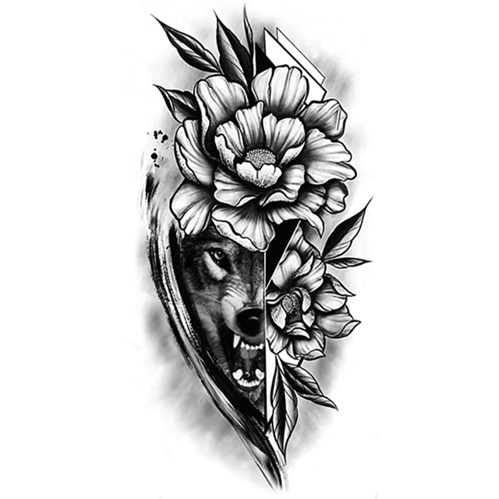 6 Sheets Black Wolf Flower Temporary Tattoo Sticker