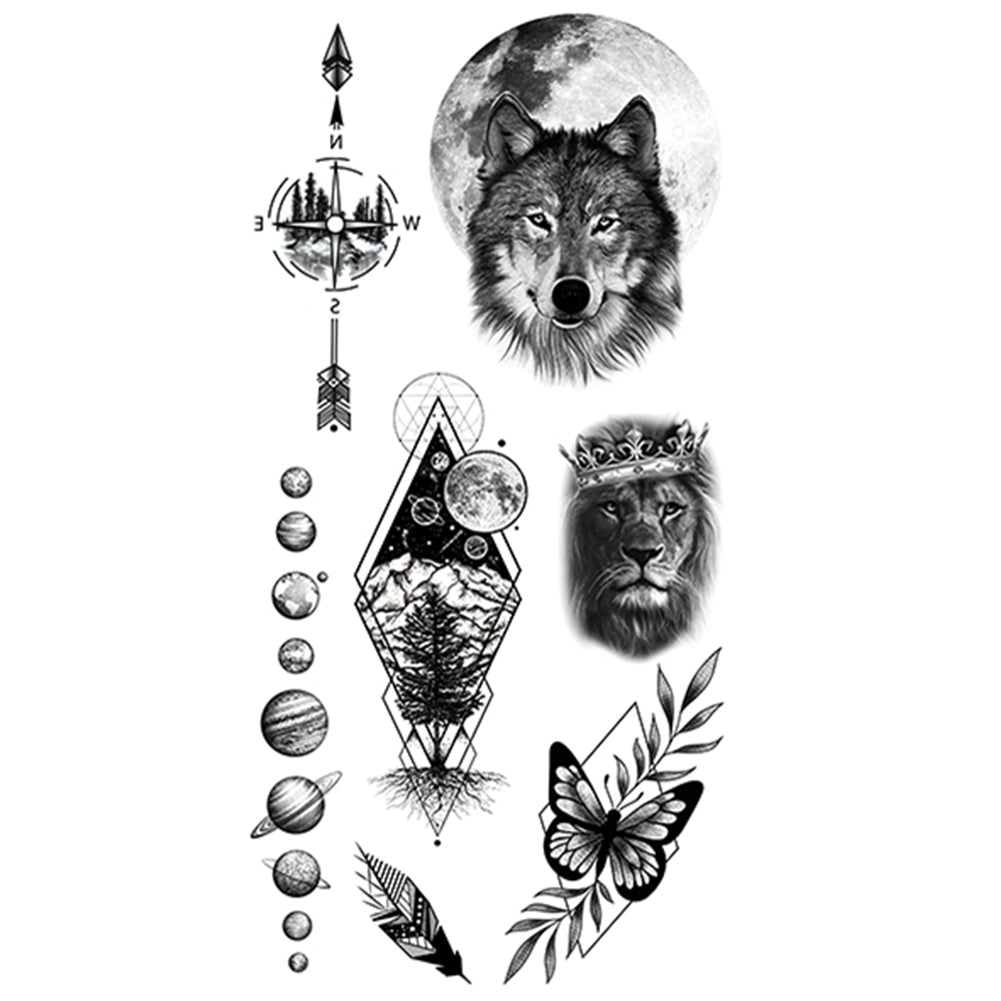 6 Sheets Black Wolf Flower Temporary Tattoo Sticker