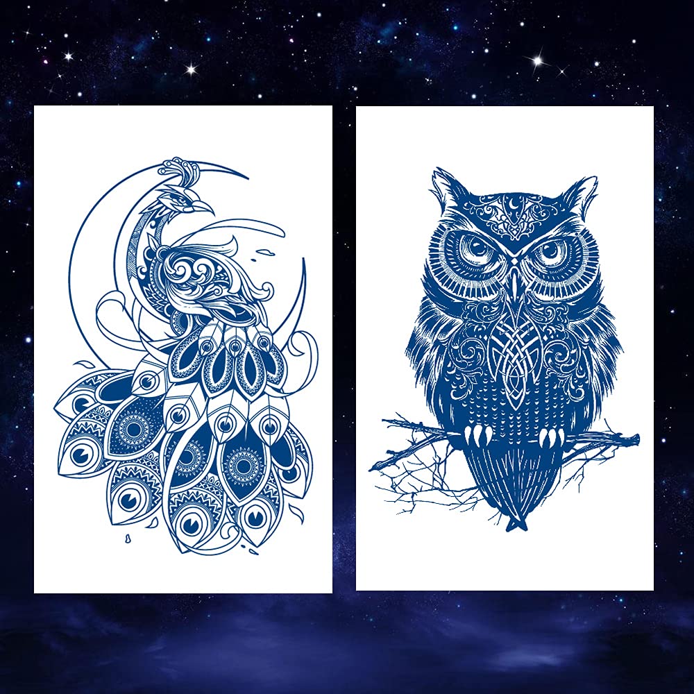 6 Sheets Semi Permanent Fake Waterproof Temporary Tattoos Stickers Long Lasts 1-2 Weeks, Animal Set Peacock Lion Koi Carp Tiger Owl Dragon Deep Blue