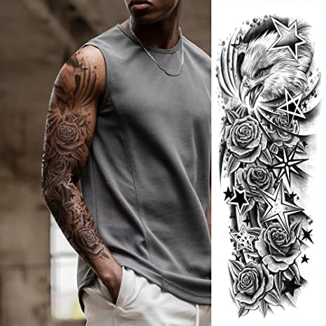 4 Sheets Large Full Arm Leg Temporary Tattoo - Koi Lotus Wave Flower Skull Cross Rose Goat Eagle Star