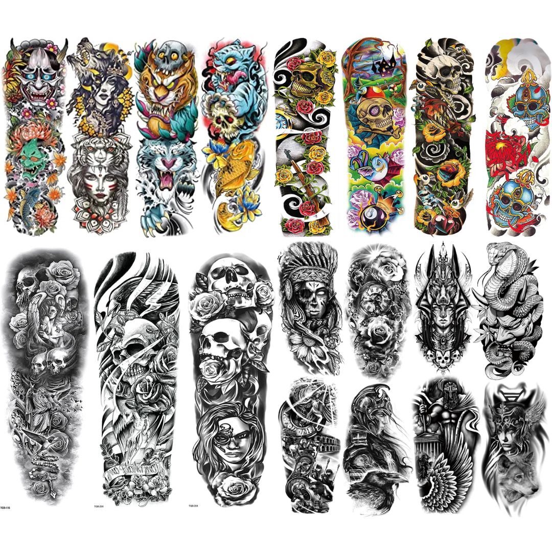 19 Sheets Skull Monster Full Arm & Half Arm Temporary Tattoo Combo