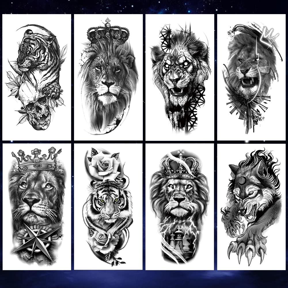 8 Sheets Waterproof Arm Leg Fake Temporary Tattoo - Lion Tiger Crown King Flower Wolf