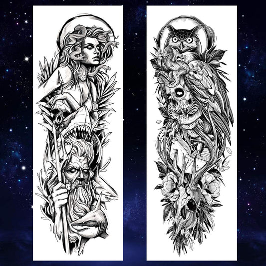 4 Sheets Full Arm Leg Extra Large Temporary Tattoos, Owl Snake Skull God Medusa Poseidon Anubis Horus Lion Eagle Egypt