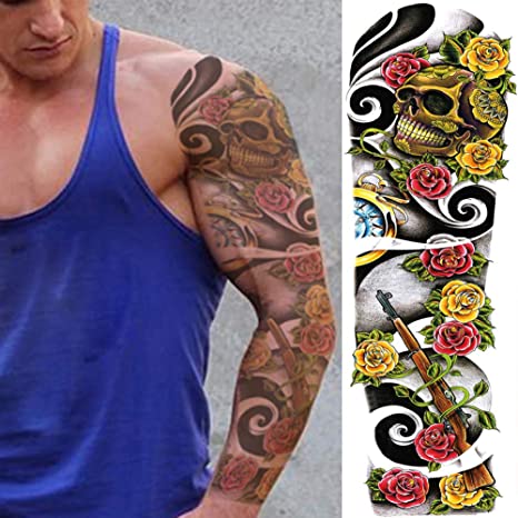4 Sheets Extra Large Full Arm Temporary Tattoos - Colorful Skull Ghost Pumkin Carp Koi Flower Tree Gun For Men