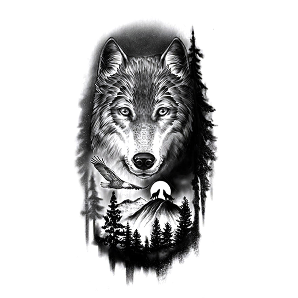 6 Sheets Black Wolf Flower Temporary Tattoo Sticker