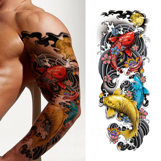 Chinese Style Fish Dragon Full Arm Temporary Tattoo Sleeves