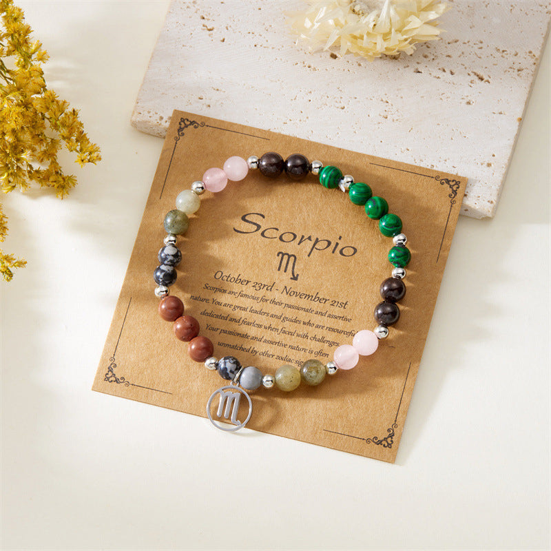 12 Zodiac Stone Beaded Bracelet with Astrological Sign Charm