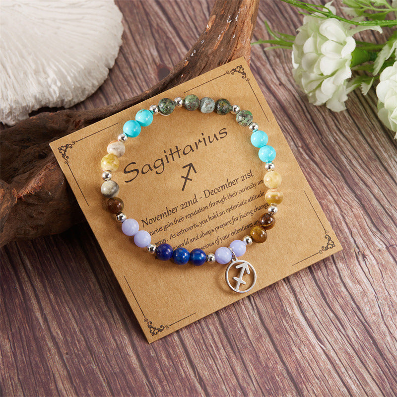 12 Zodiac Stone Beaded Bracelet with Astrological Sign Charm