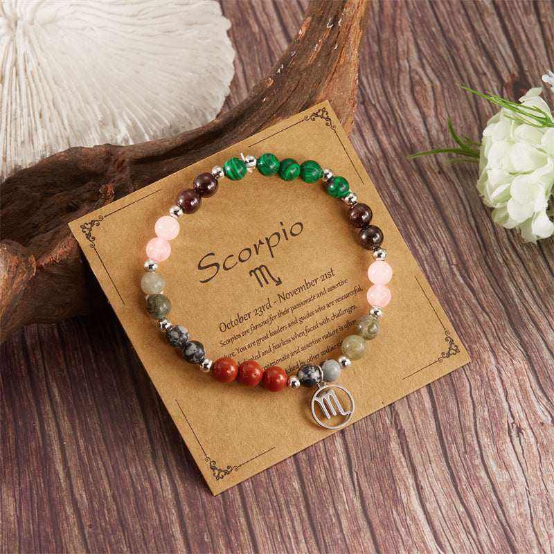 12 Zodiac Stone Beaded Bracelet with Astrological Sign Charm