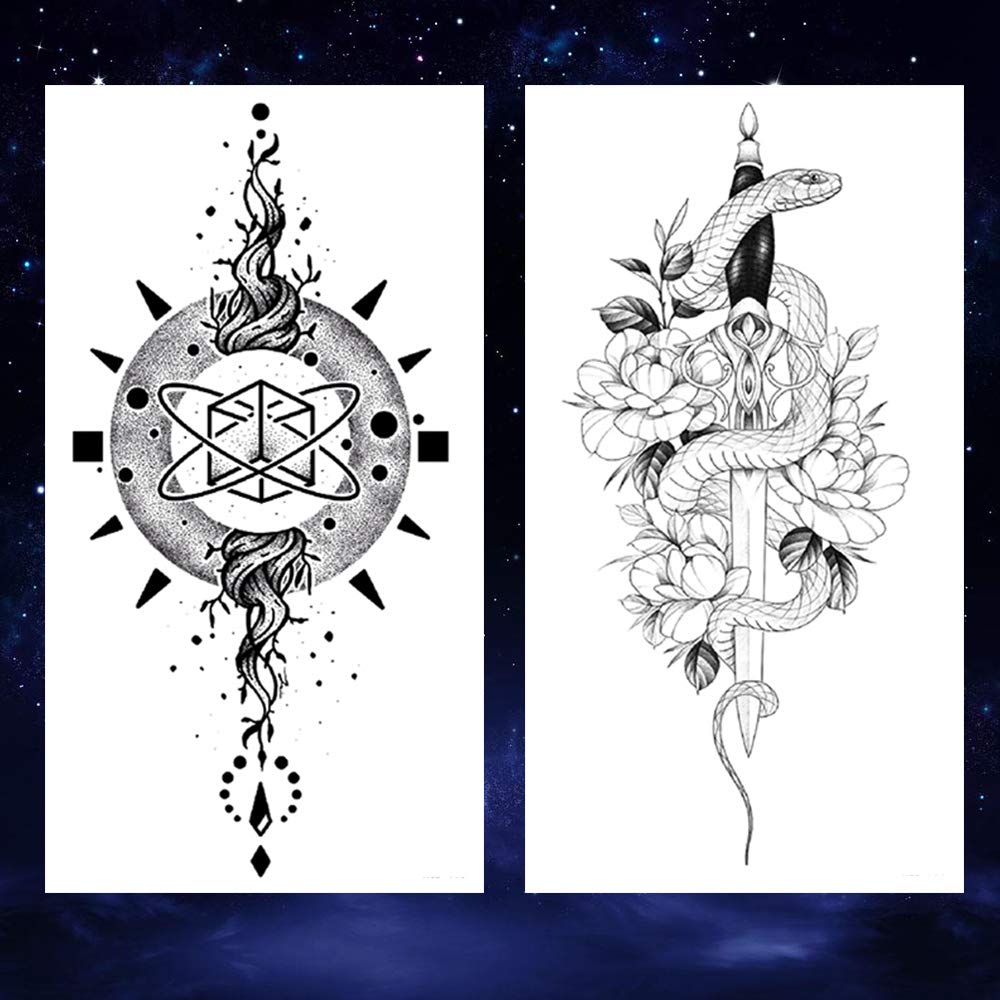 8 Sheets Black Arrow Compass Feather Dragon Anchor Sword Snake Tree Flower Temporary Tattoos for Arm
