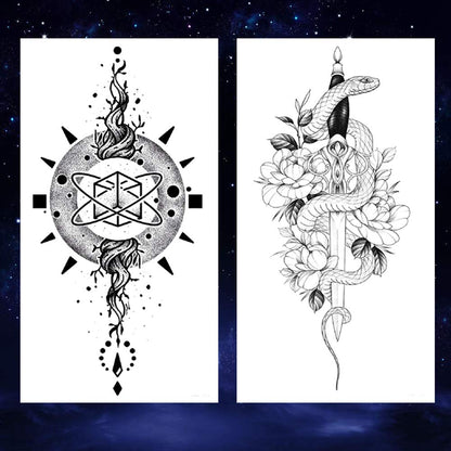 8 Sheets Black Arrow Compass Feather Dragon Anchor Sword Snake Tree Flower Temporary Tattoos for Arm