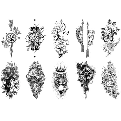 10 Sheets Art Compass Waterproof Half Arm Temporary Tattoo