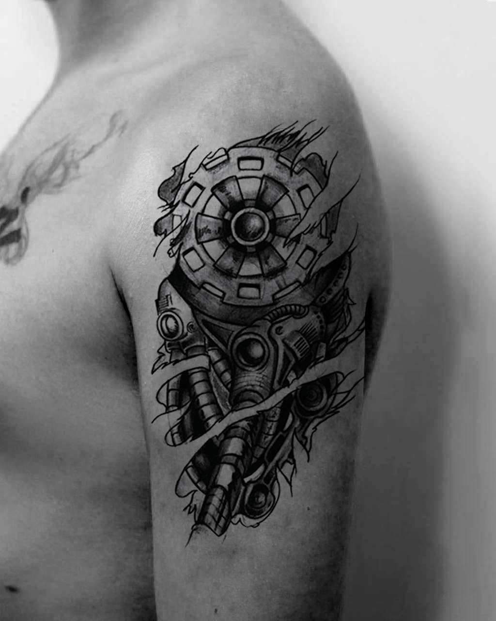 6 Sheets Temporary Tattoo Muscle Men Black Fake 3D Mechanical Metal Arm Hollow Gear Shoulder Leg