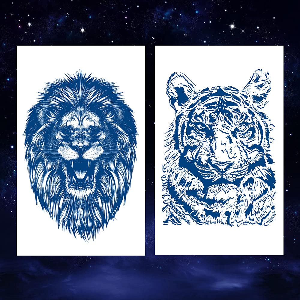 6 Sheets Semi Permanent Fake Waterproof Temporary Tattoos Stickers Long Lasts 1-2 Weeks, Animal Set Peacock Lion Koi Carp Tiger Owl Dragon Deep Blue