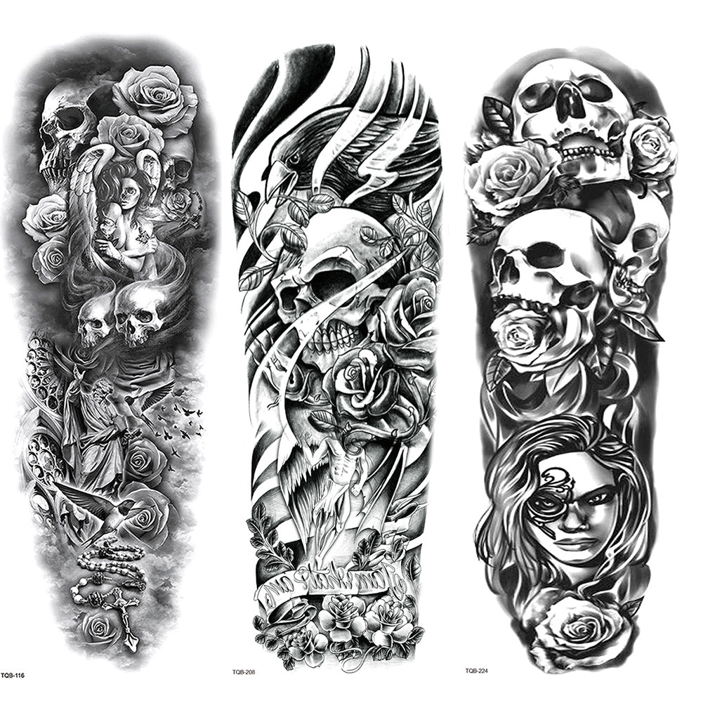3 Sheets Rose Skull Full Arm Sleeves