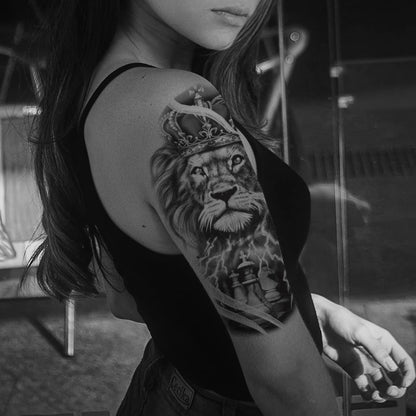 8 Sheets Waterproof Arm Leg Fake Temporary Tattoo - Lion Tiger Crown King Flower Wolf