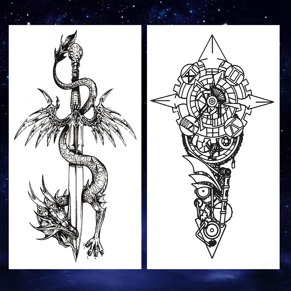 8 Sheets Black Arrow Compass Feather Dragon Anchor Sword Snake Tree Flower Temporary Tattoos for Arm