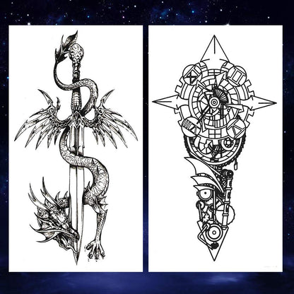 8 Sheets Black Arrow Compass Feather Dragon Anchor Sword Snake Tree Flower Temporary Tattoos for Arm