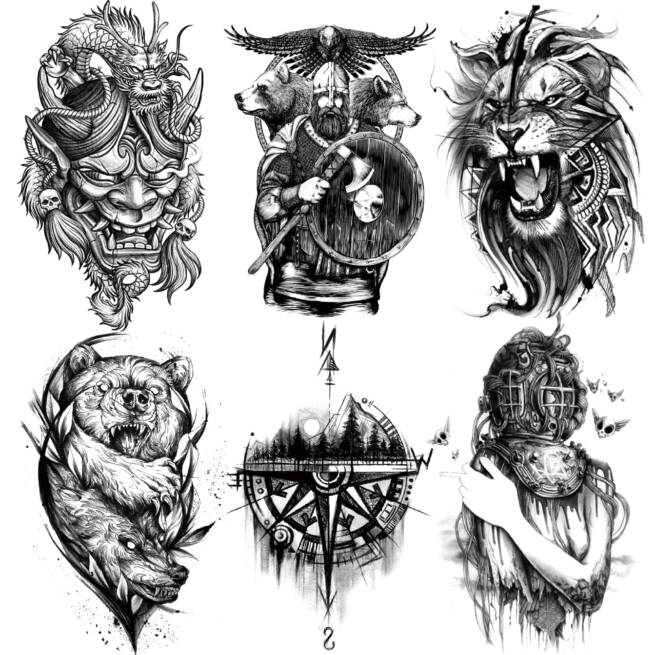 6 Sheets Arm Leg Temporary Tattoo - Compass Dragon Prajna Lion Bear Wolf Patronus Mountain