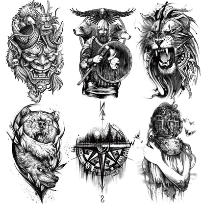 6 Sheets Arm Leg Temporary Tattoo - Compass Dragon Prajna Lion Bear Wolf Patronus Mountain