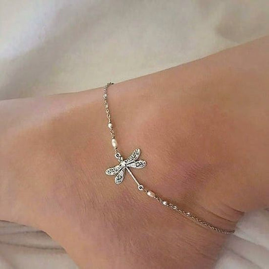 SILVER DRAGONFLY ANKLET WITH PEARL
