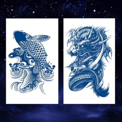 6 Sheets Semi Permanent Fake Waterproof Temporary Tattoos Stickers Long Lasts 1-2 Weeks, Animal Set Peacock Lion Koi Carp Tiger Owl Dragon Deep Blue