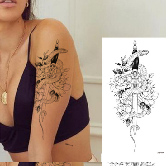 8 Sheets Black Arrow Compass Feather Dragon Anchor Sword Snake Tree Flower Temporary Tattoos for Arm