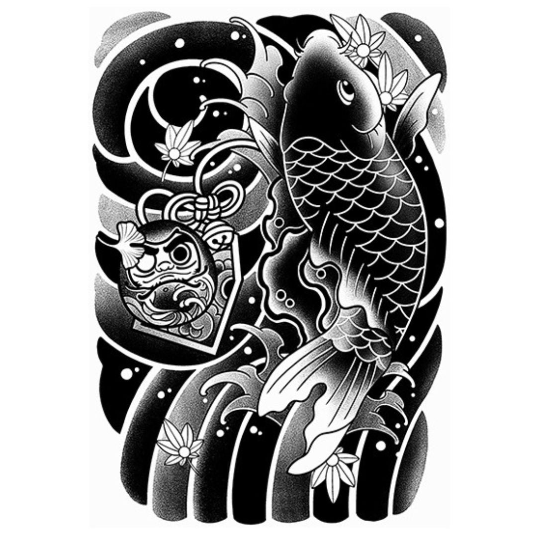 2 Sheets Black Fish Wave Half Arm Semi-Permanent Tattoo