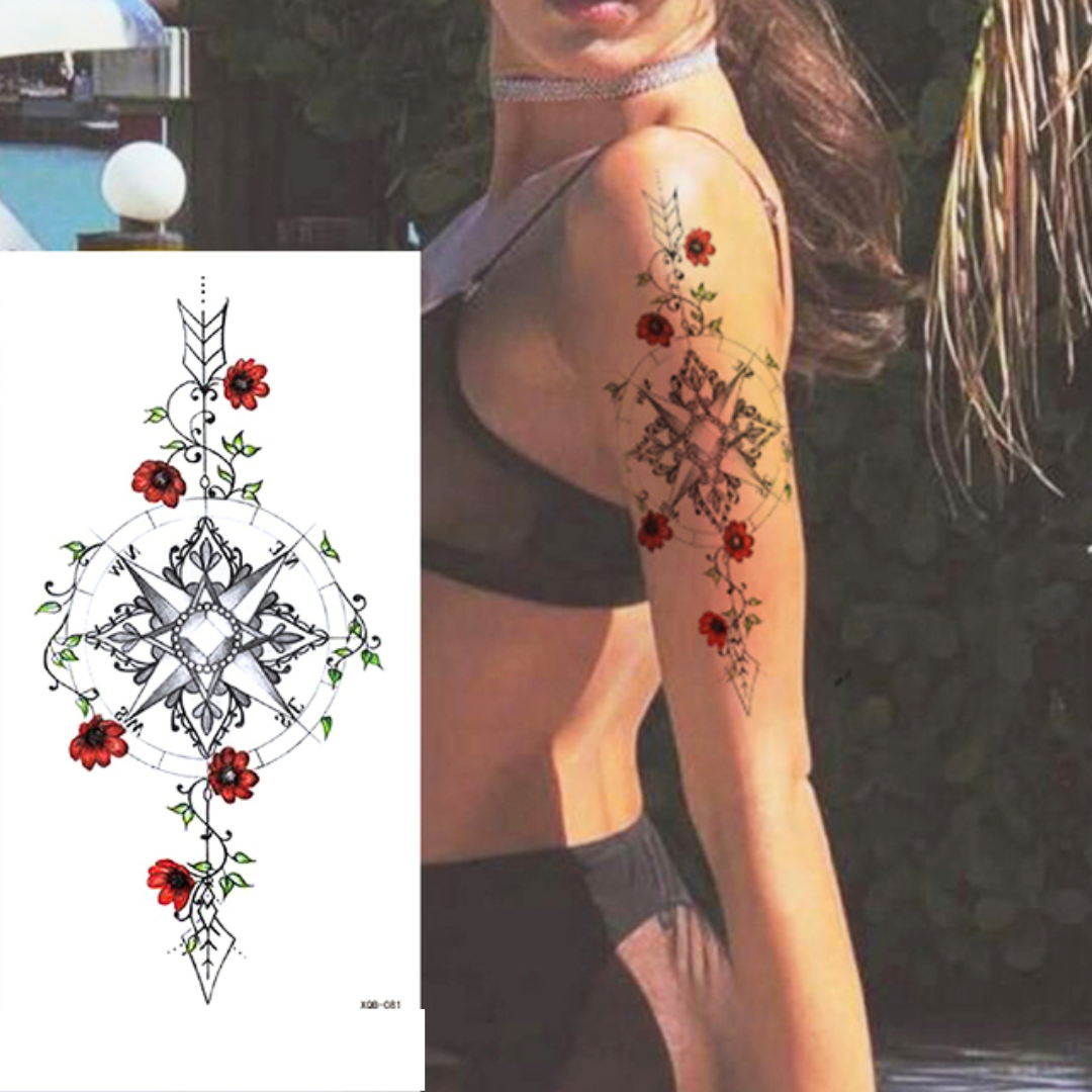 8 Sheets Black Arrow Compass Feather Dragon Anchor Sword Snake Tree Flower Temporary Tattoos for Arm
