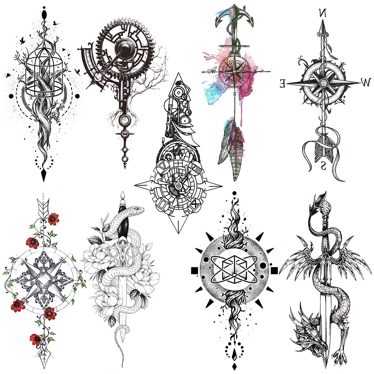 8 Sheets Black Arrow Compass Feather Dragon Anchor Sword Snake Tree Flower Temporary Tattoos for Arm