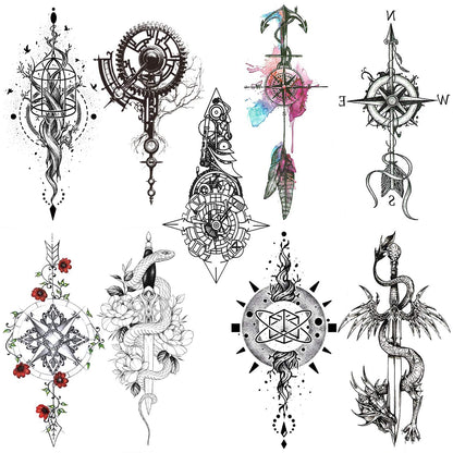 8 Sheets Black Arrow Compass Feather Dragon Anchor Sword Snake Tree Flower Temporary Tattoos for Arm