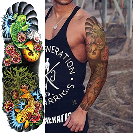 4 Sheets Extra Large Full Arm Temporary Tattoos - Colorful Skull Ghost Pumkin Carp Koi Flower Tree Gun For Men