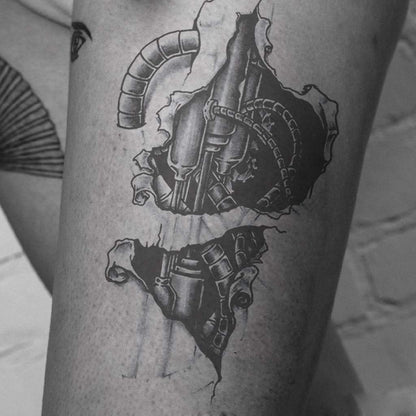 6 Sheets Temporary Tattoo Muscle Men Black Fake 3D Mechanical Metal Arm Hollow Gear Shoulder Leg