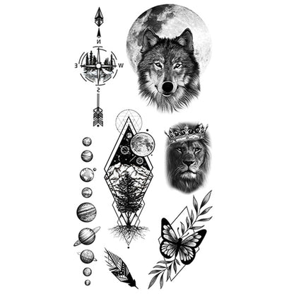 6 Sheets Black Wolf Flower Temporary Tattoo Sticker