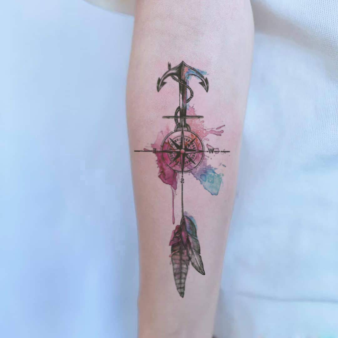 8 Sheets Black Arrow Compass Feather Dragon Anchor Sword Snake Tree Flower Temporary Tattoos for Arm