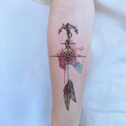 8 Sheets Black Arrow Compass Feather Dragon Anchor Sword Snake Tree Flower Temporary Tattoos for Arm