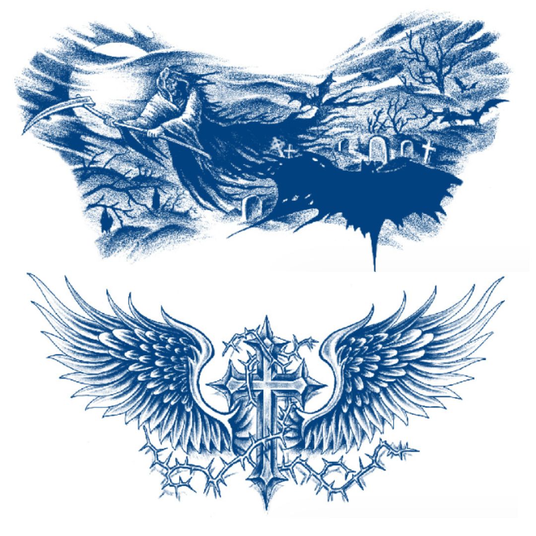 2 Sheet Death Cross Angel Chest Shoulder Semi Permanent Tattoos