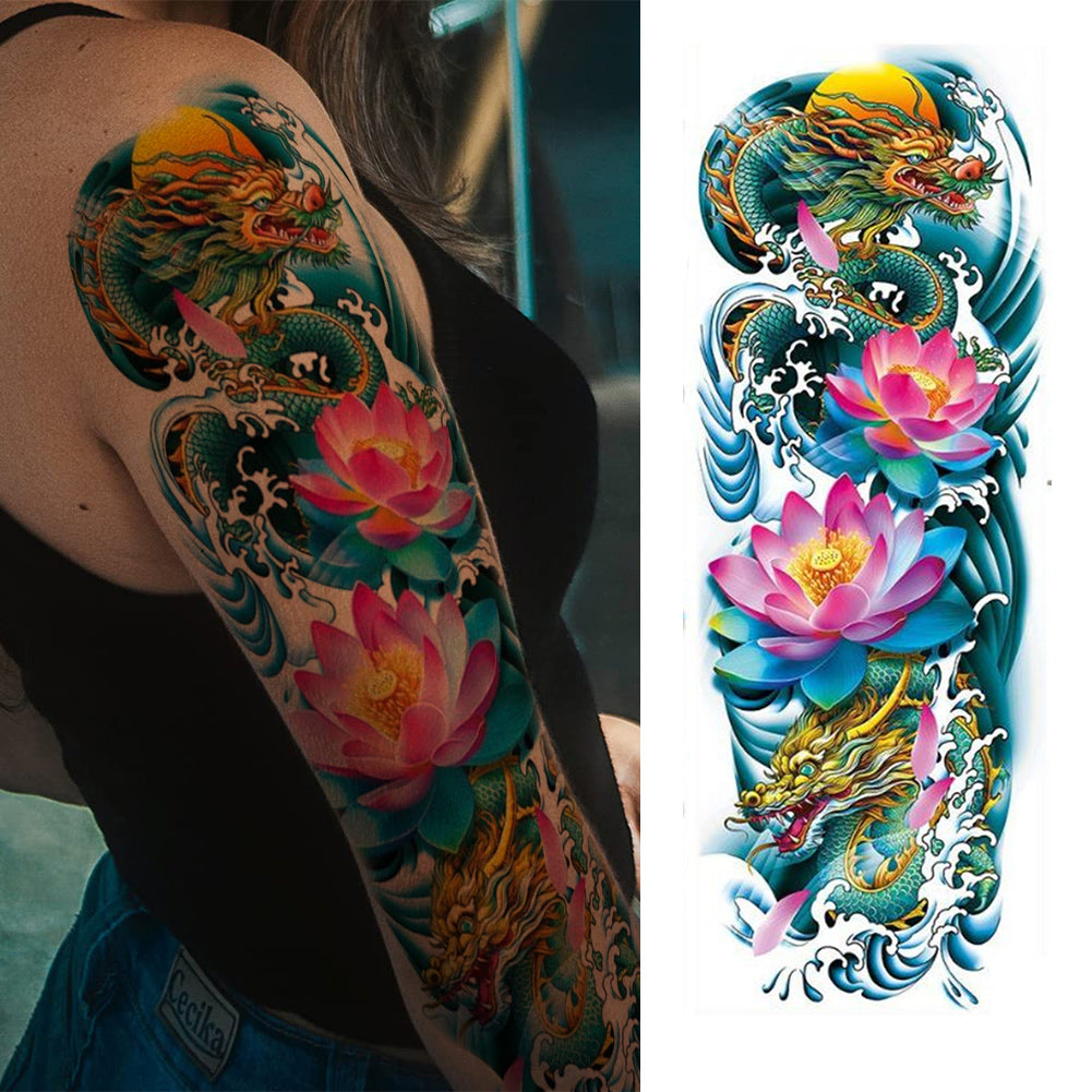 Chinese Style Fish Dragon Full Arm Temporary Tattoo Sleeves