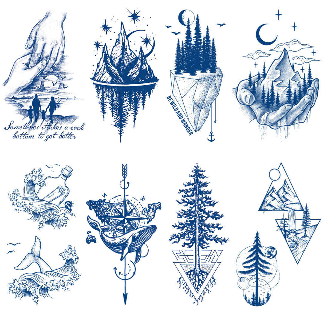 8 Sheets Mountain View Tree Forest Path Half Arm Juice Ink Semi-Permanent Tattoo Lasts 15 days