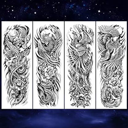 4 sheets Waterproof Temporary Tattoos Stickers Extra Large Full Arm Phoenix Flower