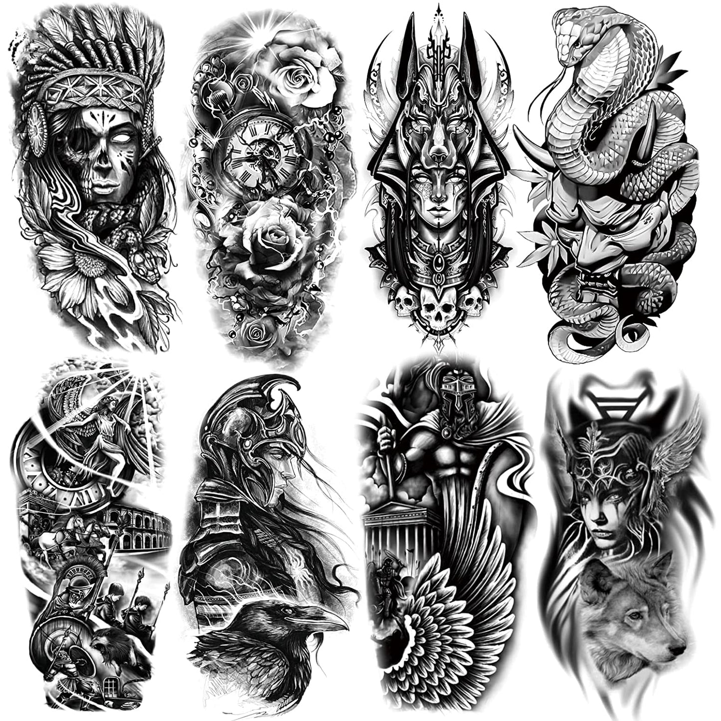 8 Sheets Waterproof Arm Leg Fake Temporary Tattoo - Indian Skull Snake Egypt Anubis Flower Compass Prajna Greek Myth Soldier