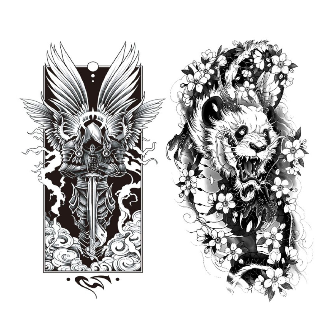 2 Sheets Paladin Knight Panda Extra Large Full Arm Semi-Permanent Tattoo