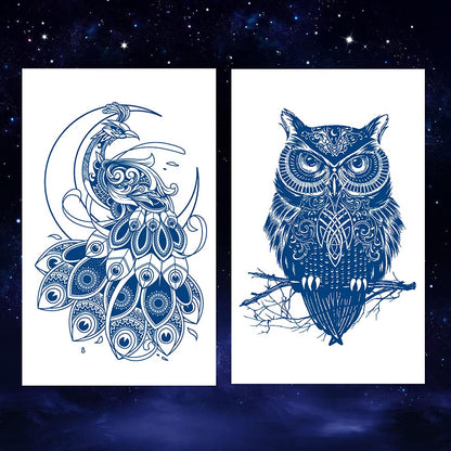6 Sheets Semi Permanent Fake Waterproof Temporary Tattoos Stickers Long Lasts 1-2 Weeks, Animal Set Peacock Lion Koi Carp Tiger Owl Dragon Deep Blue
