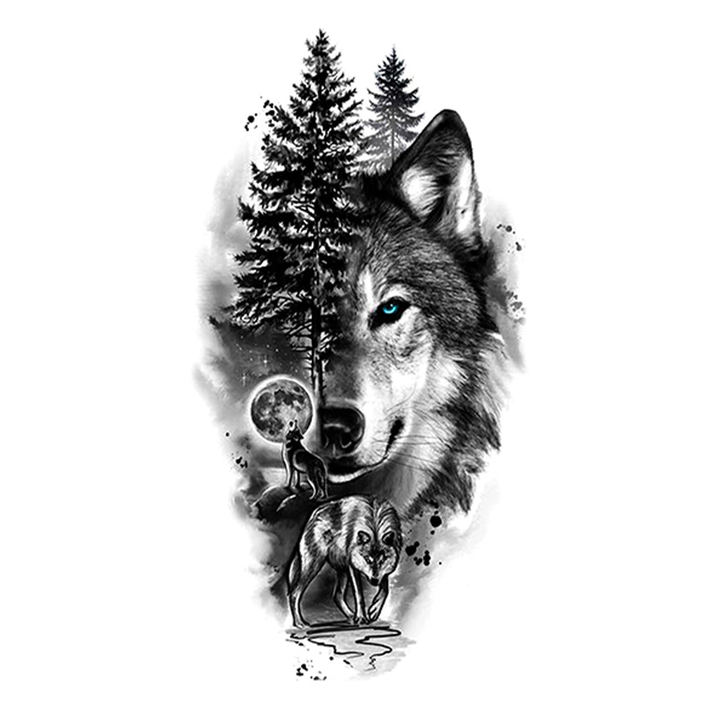 6 Sheets Black Wolf Flower Temporary Tattoo Sticker