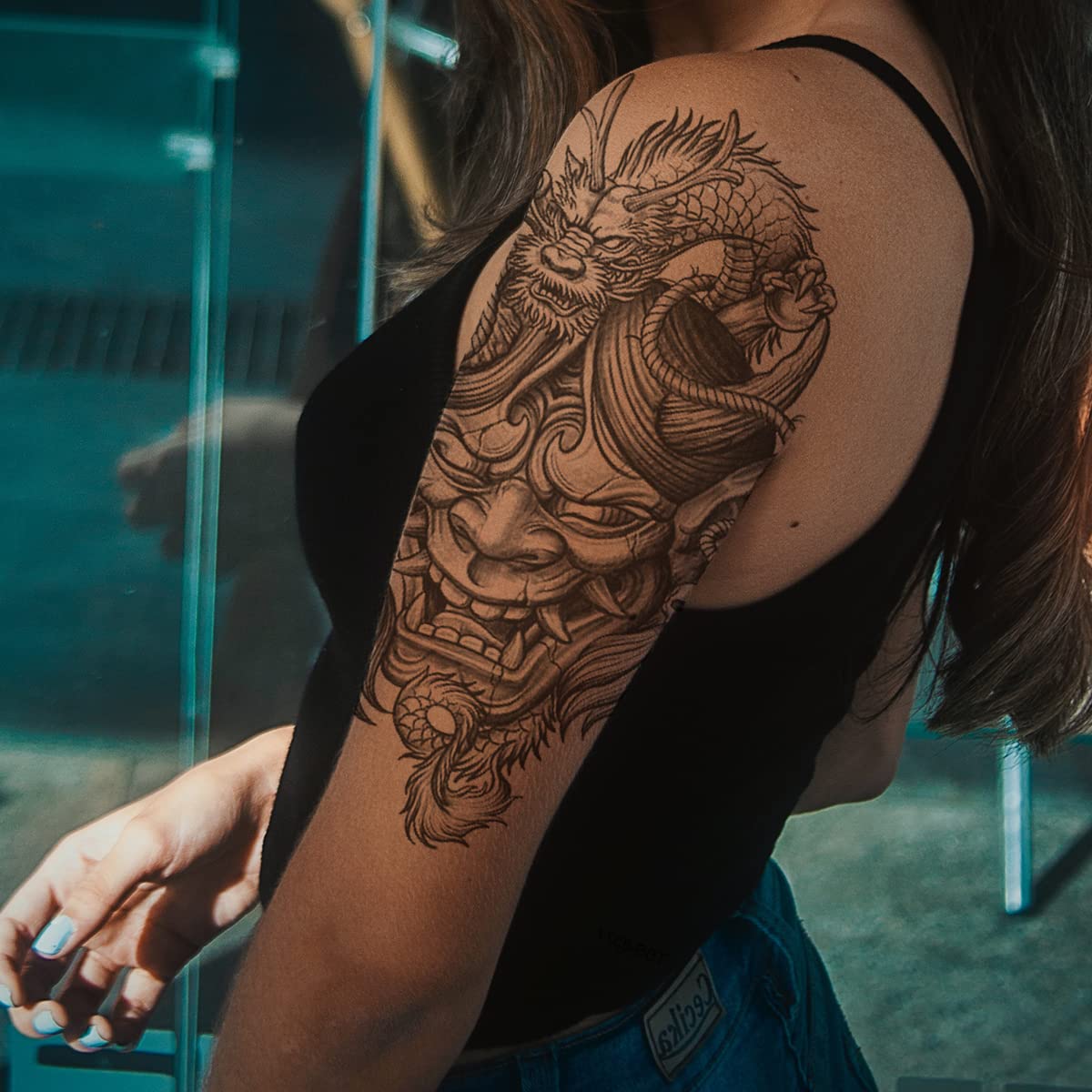 6 Sheets Arm Leg Temporary Tattoo - Compass Dragon Prajna Lion Bear Wolf Patronus Mountain