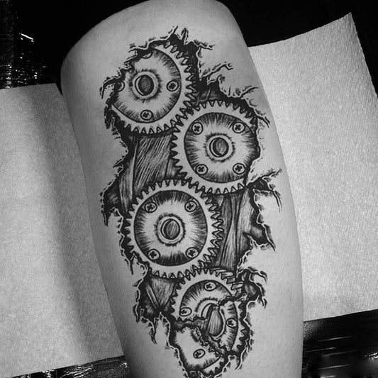 6 Sheets Temporary Tattoo Muscle Men Black Fake 3D Mechanical Metal Arm Hollow Gear Shoulder Leg